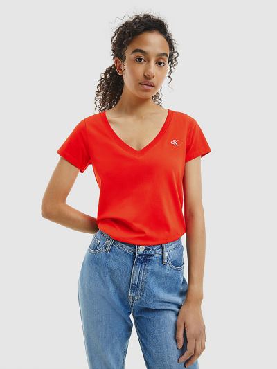 Calvin Klein Ruhák HU820495 | Calvin Klein Slim Organic Cotton V-Neck Női Póló Piros